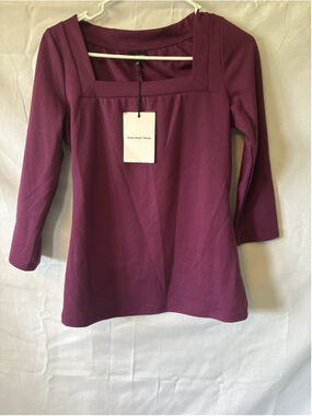 Who What Wear Square Neck Top S 3/4 Sleeve Magenta Plum Knit Blouse Stretch NWT